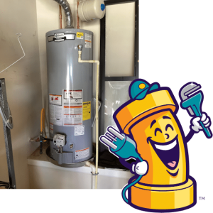 Water heater installation with smiling mascot character, representing plumbing services and home improvement.