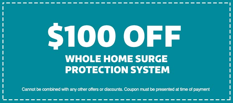 $100 off whole home surge protection system coupon, promotional offer for Keep Smiling Plumbing Electric Heating and Cooling services, terms include non-combination with other discounts and presentation at payment.