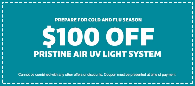 Coupon offering $100 off Pristine Air UV Light System, promoting cold and flu season preparedness, with terms for usage.