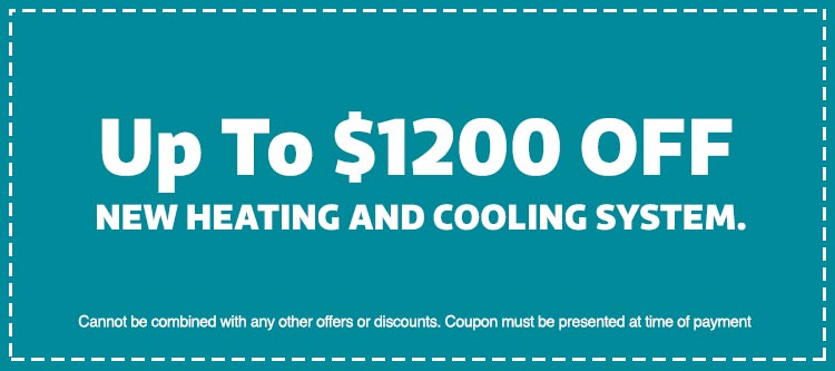 Coupon offering up to $1200 off new heating and cooling system services from Keep Smiling Plumbing Electric Heating and Cooling, with terms for coupon presentation at payment.