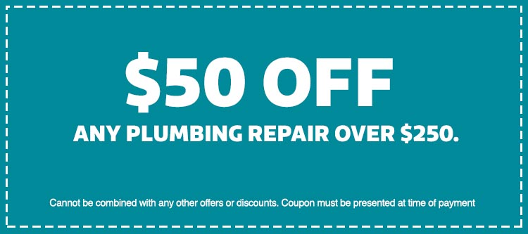 $50 off any plumbing repair over $250 coupon from Keep Smiling Plumbing Electric Heating and Cooling, featuring terms of use.