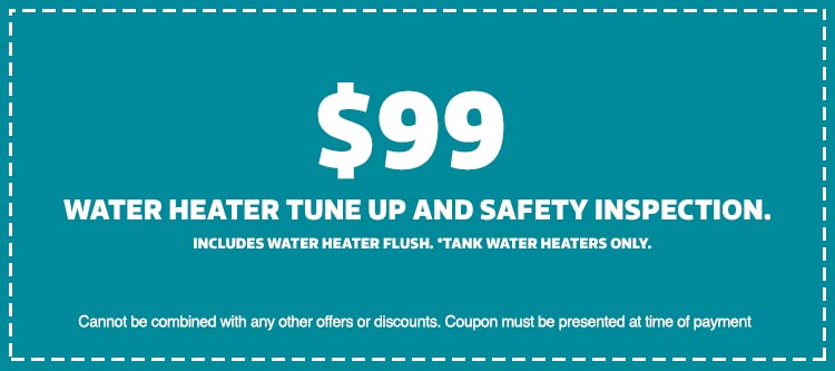 $99 water heater tune-up and safety inspection coupon from Keep Smiling Plumbing Electric Heating and Cooling, includes water heater flush, terms apply.