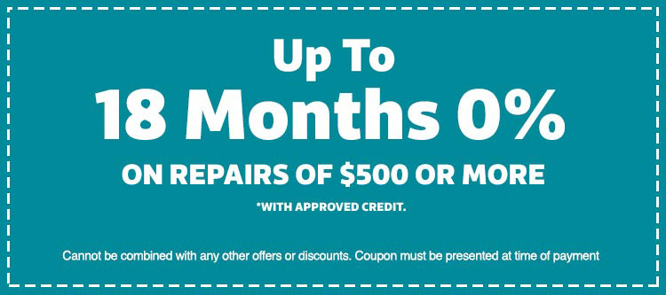 Coupon offering up to 18 months 0% financing on home repairs of $500 or more, with terms stating it requires approved credit and must be presented at payment, relevant to Keep Smiling Plumbing Electric Heating and Cooling services.