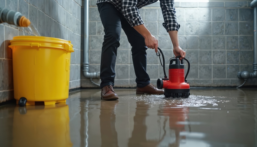 Man uses red submersible pump to drain flooded basement floor. Plumber installs drainage equipment removing dirty water after leakage. Worker services pumping system preventing house flood damage