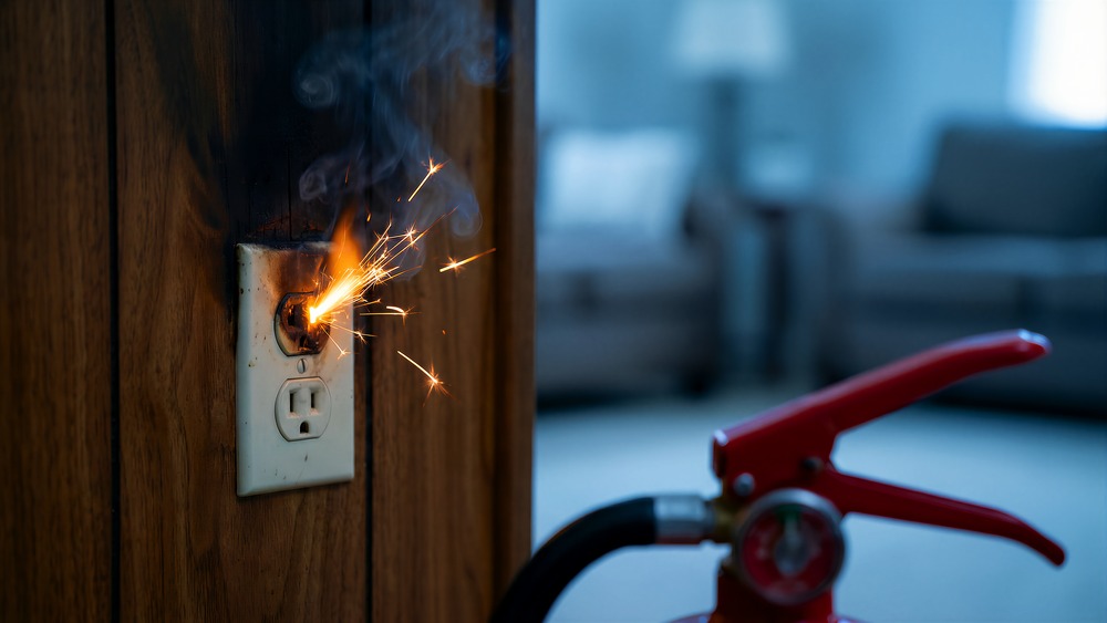 Dangerous electrical outlet malfunction showing bright orange sparks and smoke near a conveniently placed red fire extinguisher in a dimly lit room setting.