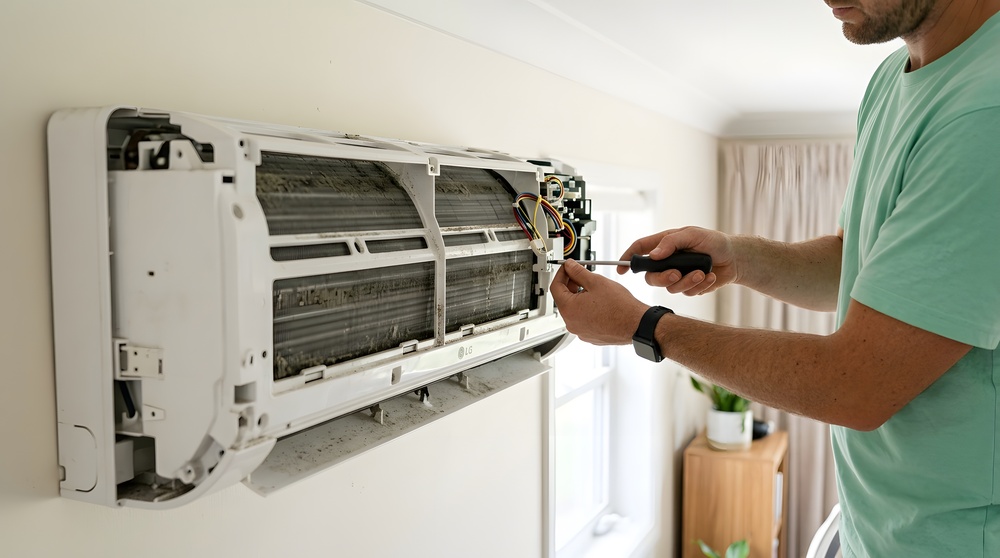 Male Technician Wearing Green Shirt Repairing Cleaning Dirty Wall Mounted Air Conditioner Unit, With Cover Removed Exposing Dusty Filters, Showing Home Appliance Maintenance Service Work