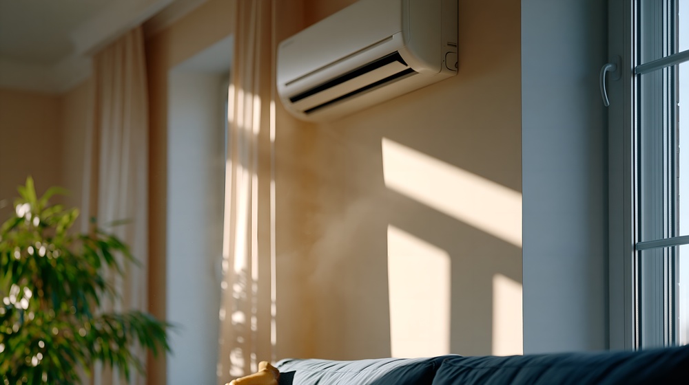 Wall-mounted air conditioner in warm-toned room.